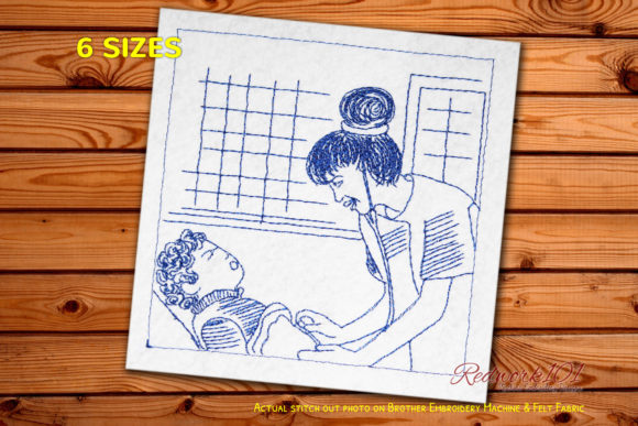 Female Nurse Examination Redwork Embroidery